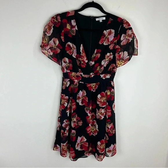 Madewell Floral Tulip Sleeve Faux Wrap Mini Dress in French Rose Size 00 B16 - Picture 5 of 10